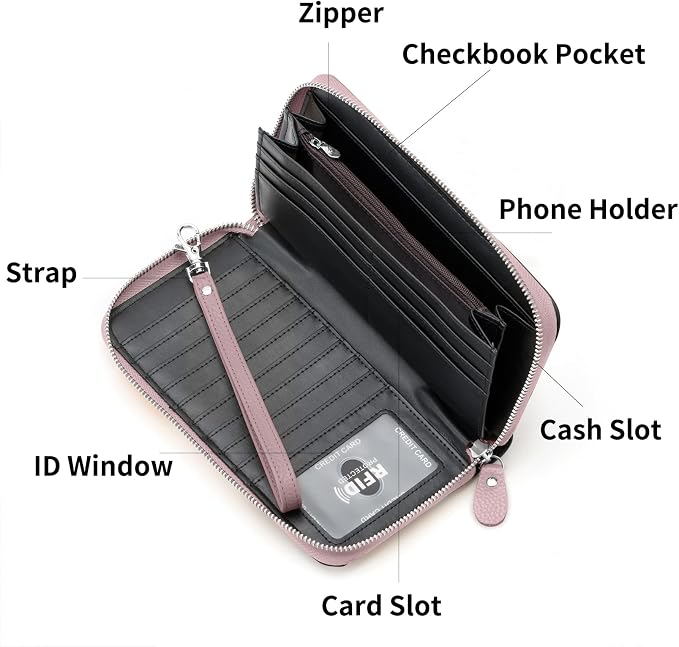 Moflycom Womens Wallet RFID Blocking Genuine Leather Multi Credit Card Large Capacity Zip Around Clutch Travel Purse Wristlet - Image 3