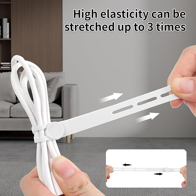 Oligei 25 Pcs Silicone Cable Ties, Cable Ties Reusable, High Elasticity Cord Wraps for Electrical Cords, Cord Organizer for Earphone, Phone Charger(White) - Image 3