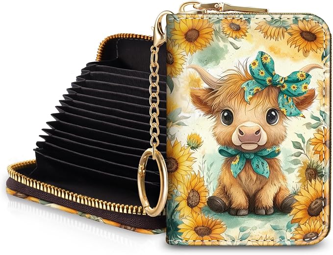 Blusabaca RFID Credit Card Holder Small Women Travel Wallet, Highland Cow | Removable Keychain, Case with Zipper, Vegan PU Leather, Cash Coin Pocket, Business Accordion Purse, Ladies Female Gift by Blusabaca