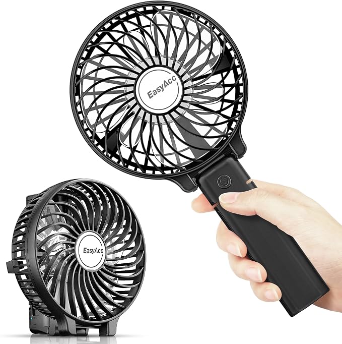 EasyAcc Portable Rechargeable Handheld Fan, Ultra Quiet, 180° Foldable, Up to 10 Hours, 3 Speeds, Personal Fan with Built-in Battery for Home, Travel, Outdoor, Office, Black by EasyAcc