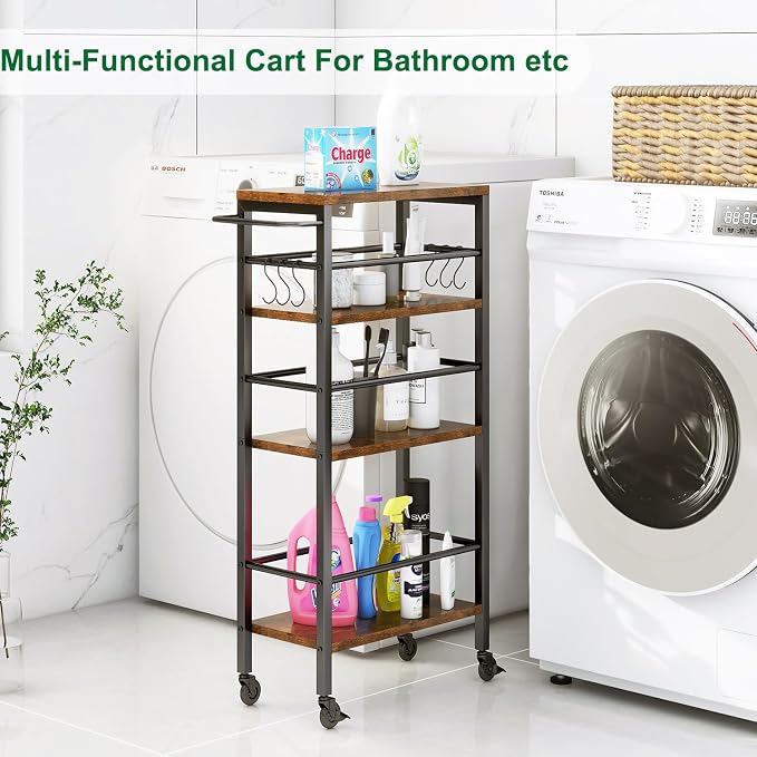 IBUYKE Slim Rolling Storage Cart, Kitchen Cart Utility Shelving UTMJ065H | 4-Tier, with Lockable Wheels,Handle&6 Hooks, 7.9" wide,for Kitchen, Laundry, Bathroom, Rustic Brown - Image 8