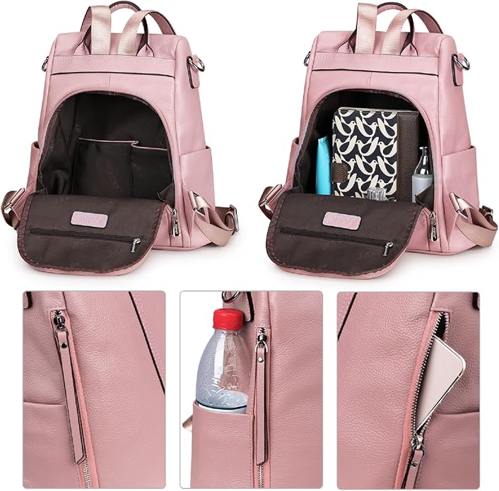 S-ZONE Leather Backpack Purses for Women Antitheft Rucksack Shoulder Bag Medium | Genuine Leather, Medium Fits 9.7-inch Tablet, for Work Travel Daily Commute, Multi Pockets, Adjustable Dual Straps - Image 3