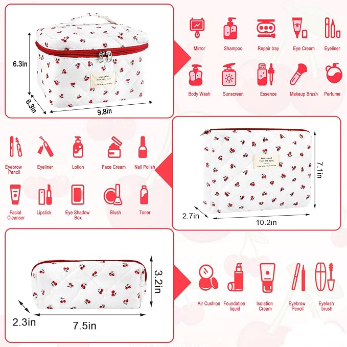 URSKYTOUS 3Pc Cotton Quilted Makeup Bag for Women Extra Large Coquette Small Floral Travel Cosmetic Bag Set Cute Cherry Makeup Pouch Portable Toiletry Bag Organizer Vintage Puffy Essential Storage Bag - Image 2