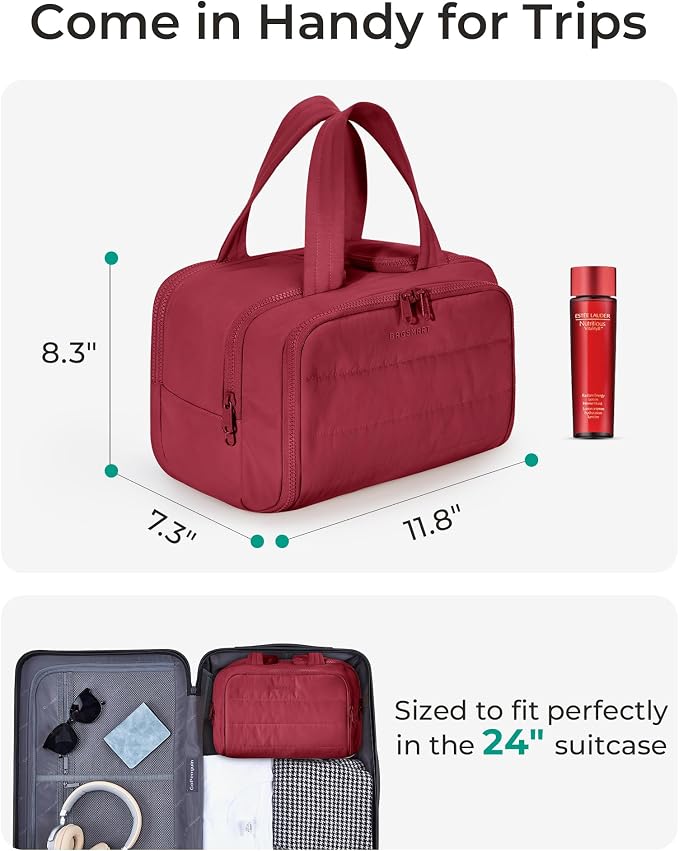 BAGSMART Travel Toiletry Bag, Puffy Toiletry Bag for Women, Wide-open toiletry bags for traveling, Large Travel Cosmetic Makeup Bag Organizer for Accessories,Toiletrie (Vintage Berry) - Image 3