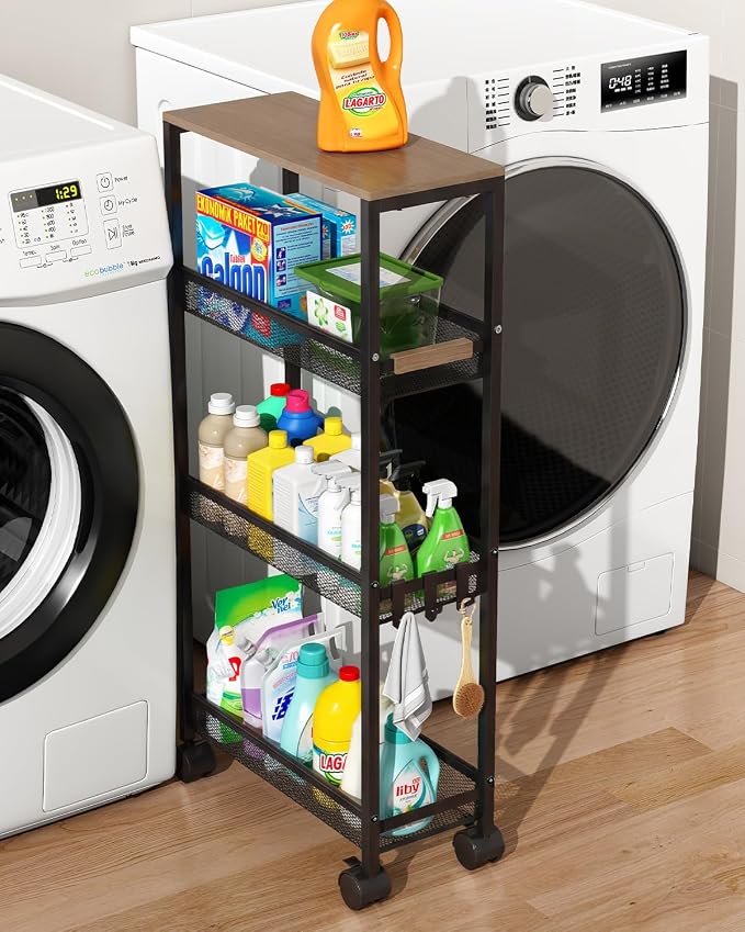 4-Tier Slim Utility Rolling Laundry Cart with Wheels, Easy to Assemble | 7.2" Wide for Narrow Spaces, Wood Top with Metal Frame, Mobile Storage Shelves for Bathroom, Kitchen, Office by TIPGO