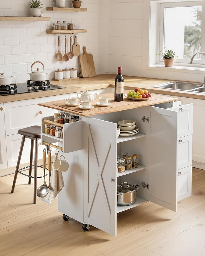 VEVOR Kitchen Island Cart, 45.3x39 inch Rolling Kitchen Table, Mobile Carts with Storage Cabinet and Solid Wood Top, Portable Islands with Wheels, Spice Rack, Towel Rack, Drop Leaf and Drawer, White - Image 2