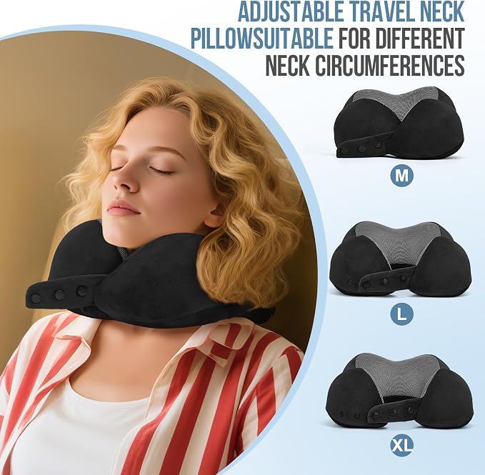 Travel Neck Pillows for Airplanes Memory Foam Neck Pillow for Traveling Adjustable Travel Pillow for Sleeping, Airplane,Train, Car with Eye Mask, Earplugs, Carry Bag - Image 2