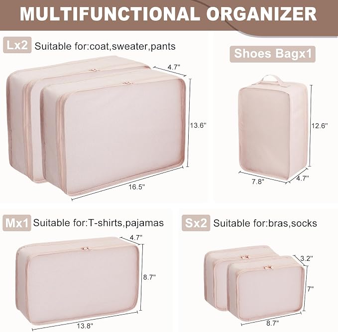 Packing cubes for Travel 6 Set Luggage Organizer Bags Packing Cubes for Suitcases Travel Essentials for Carry on Mesh Suitcase Organizer with Shoe Bag (cream) - Image 3