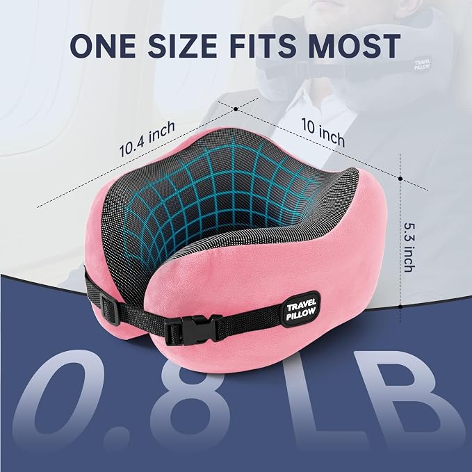 Neck Pillow Travel Pillow - 100% Pure Memory Foam Airplane Pillow with Adjustable Clasp & Removable Cover, Portable Travel Essentials for Long Flights, Car & Office (Pink, with Eye Mask) - Image 2