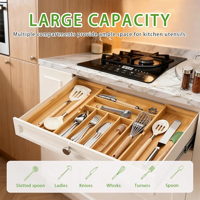 Bamboo Expandable Silverware Drawer Organizer, Adjustable Utensil Tray Cutlery Holder for Kitchen Drawer, Flatware Storage Organizer for Spoons, Forks and Knives, Natural (7 Slot,) - Image 2
