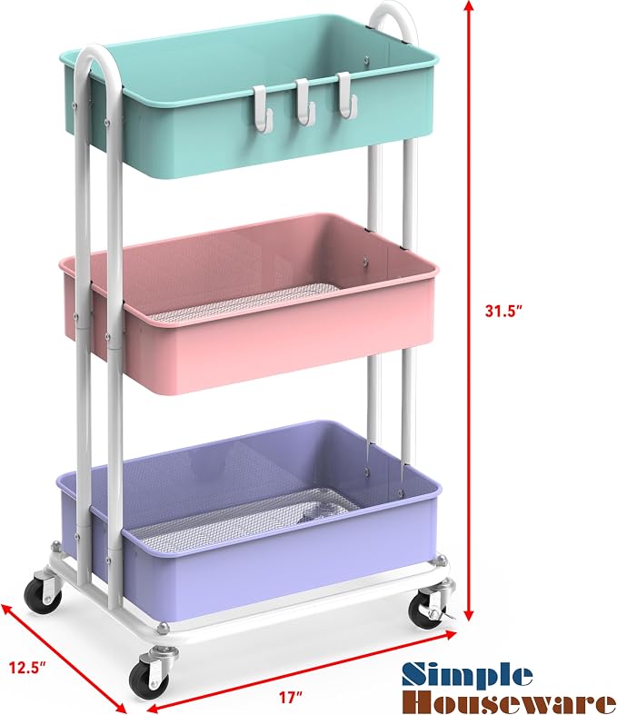 Simple Houseware 3-Tier Heavy Duty Metal Utility Rolling Cart, Multicolor - Image 6