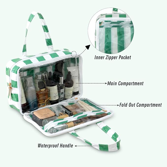 Toiletry Bag for Women, White and Green Stripe | Clear Coated,Waterproof,Multiple Compartment,Open Flat,Handle,Travel Organizer for Shampoo,Conditioner,Cosmetic Accessories - Image 3