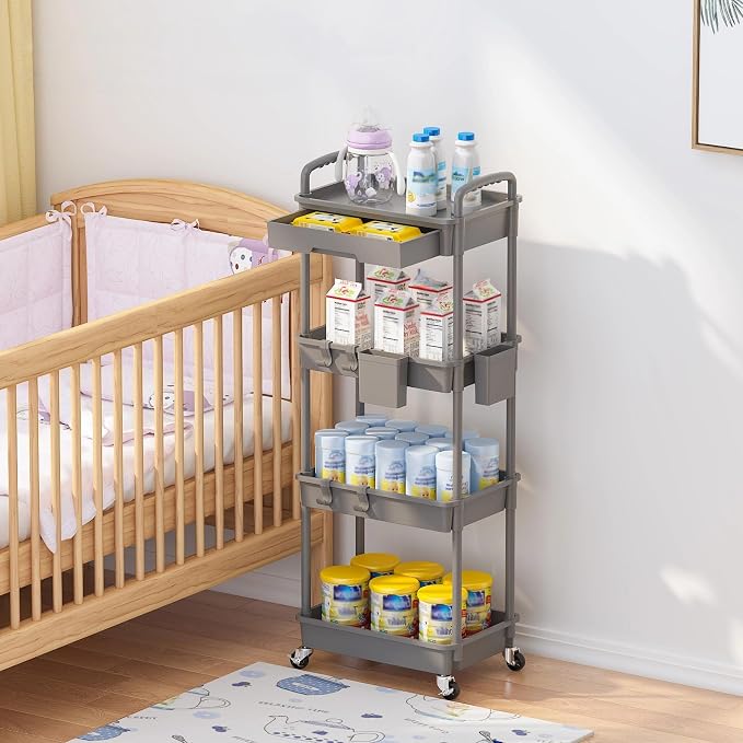 4 Tier Rolling Utility Cart with Drawer, Plastic Storage Organizer Rolling Carts with Wheels Handles Hanging Cups Hooks for Office, Bathroom, Kitchen,Craft Art Room (Grey) - Image 7