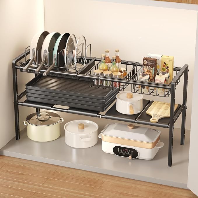 Mustorn Pots and Pans Organizer Under Cabinet, Expandable 2 Tier Under Sink Organizers Storage Adjustable Height Kitchen Pot and Pan Lid Holder Rack with 6 Dividers(4panels,2baskets,1 Pot rack,Black) by MUSTORN