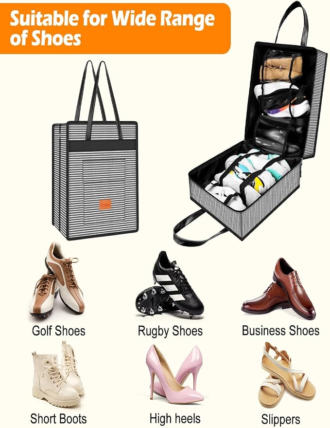 Yotako Shoe Bag for Travel with Leathers Handle Stripe | Shoe Organizer with Pockets,3 in 1 Hanging Luggage Shoe Storage Bag,Travel Shoe Bag for Women Men Fit 6 PCS Shoes - Image 6