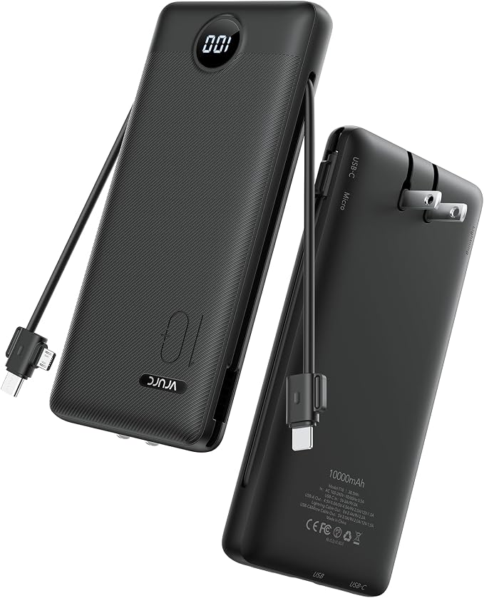 VRURC 10000mAh 22.5W Portable Charger, AC Plug & Built-in Cables,Black | Slim battery pack ,PD 20W fast charging, for business travel,compatible with iPhone & Samsung by Home