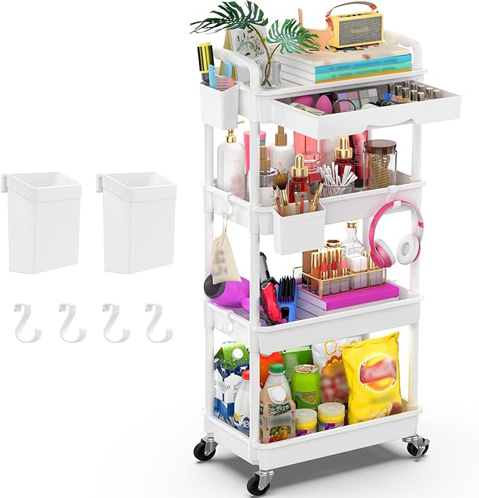 Goovilla 4 Tier Rolling Utility Cart Organizer with Removable Drawer, White | Stable and Sturdy Rolling Storage Carts with 2 Lockable Wheels for Bathroom, Kitchen, Snack, Craft, Makeup, Baby Essentials by Goovilla