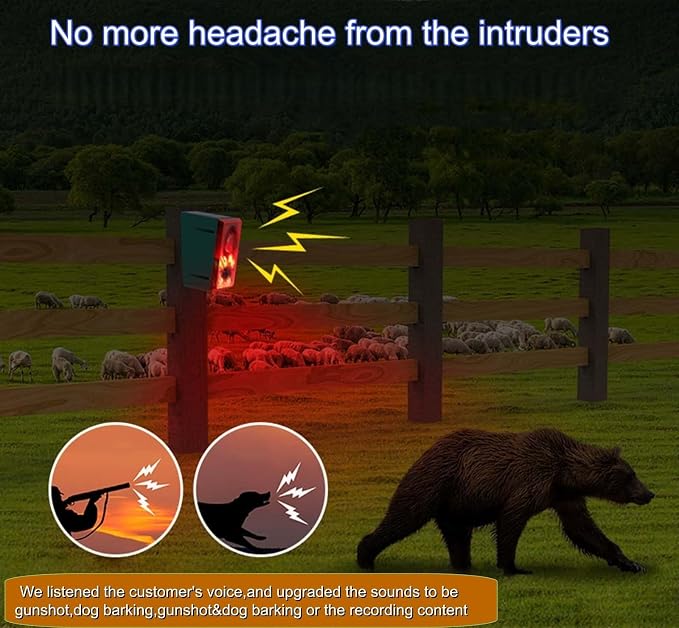 HULPPRE Solar Outdoor Motion Sensor Alarm,Dog Barking and Gunshot Sound | Support Recording,Adjust Volume,130db Loud Noise Maker,3 Work Modes Strobe Light with USB,Say Goodbye to The Intruders - Image 3