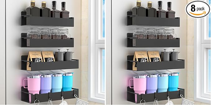 HuggieGems 8 Pack Magnetic Spice Rack Organizer for Refrigerator and Oven, Black Fridge Organizers and Storage for Kitchen by HuggieGems