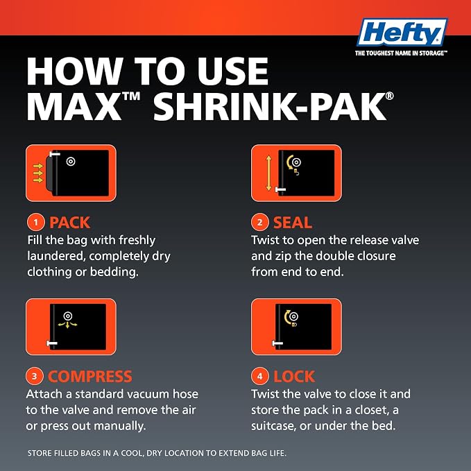 Hefty MAX Shrink-Pak Vacuum Seal Storage Bags for Clothing, Travel, Bedding | Tear & Water Resistant, Dual-Valve Space Saver Compression Bags - Large, 4-Pack - Image 6
