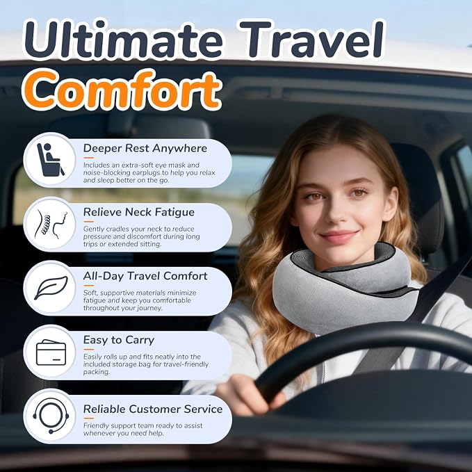 Travel Neck Pillow for Airplane with Eye Mask and Ear Plugs for Sleeping | Head and Chin Support, Ergonomic Memory Foam with Silky-Smooth Washable Cover for Flights, Road Trips & Office Naps - Image 7