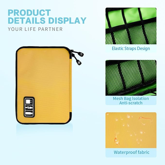 Lcsmaokin Electronics Travel Organizer,Portable Waterproof Electronic Travel Storage Bag for Small Charging Cord Storage,Charger,SD Card etc,for Travel,Business-Yellow Green - Image 4