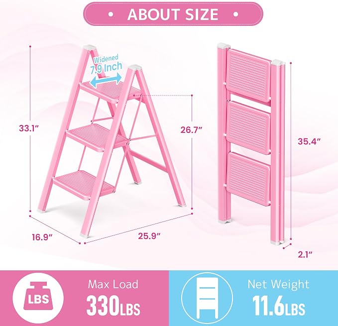 3 Step Ladder, Foldable Step Stool with Widened Pedal, Pink | Sturdy Carbon Steel, Anti-Slip Feet, Portable, 330LBS Capacity, Space Saving, for Kitchen, Bedroom, Pantry Use - Image 6