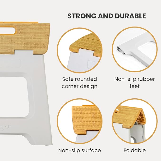 Vigar Compact Folding Step Stool, 12-1/2 in, Gray Bamboo Print | 12-1/2 in Foldable Stool, Lightweight Portable Design, Handle, Non Slip Surface, Space-Saving, Supports up to 330 lb - Image 4