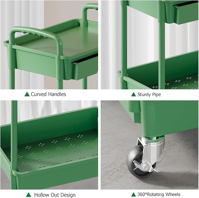 3 Tier Rolling Utility Cart with Drawer, Plastic Storage Organizer Rolling Carts with Wheels Handles Hanging Cups Hooks for Office, Bathroom, Kitchen,Craft Art Room (Green) - Image 5