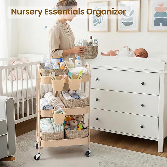 3-Tier Rolling Utility Cart with 4 Woven Baskets, Diaper Book Snack Cart, Storage Organizer for Nursery, Kitchen, Craft Room, Home SPA, Living Room, Metal Frame Trolley on Lockable Wheels, Brown - Image 3