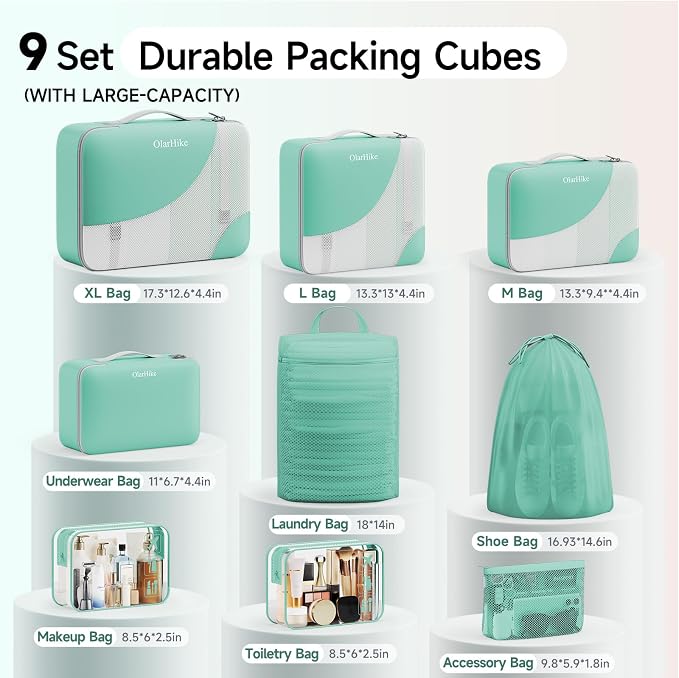 9 Set Packing Cubes for Travel, Gifts for Women Mom,Anti-Tearing Suitcase Organizer,OlarHike Vacation Essentials & Accessories for Cruise Ship - Image 2