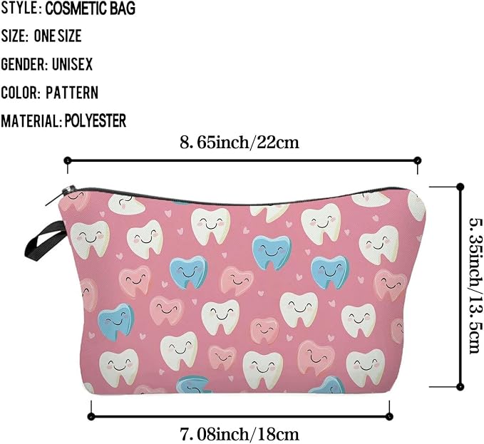 Livel lhood Pink Backgrpund Cartoon Teeth Small Makeup Zipper Bag | Cartoon Teeth Printed Cosmetic Organizer Pouch, Cartoon Teeth Gift for Women Friends - Image 2