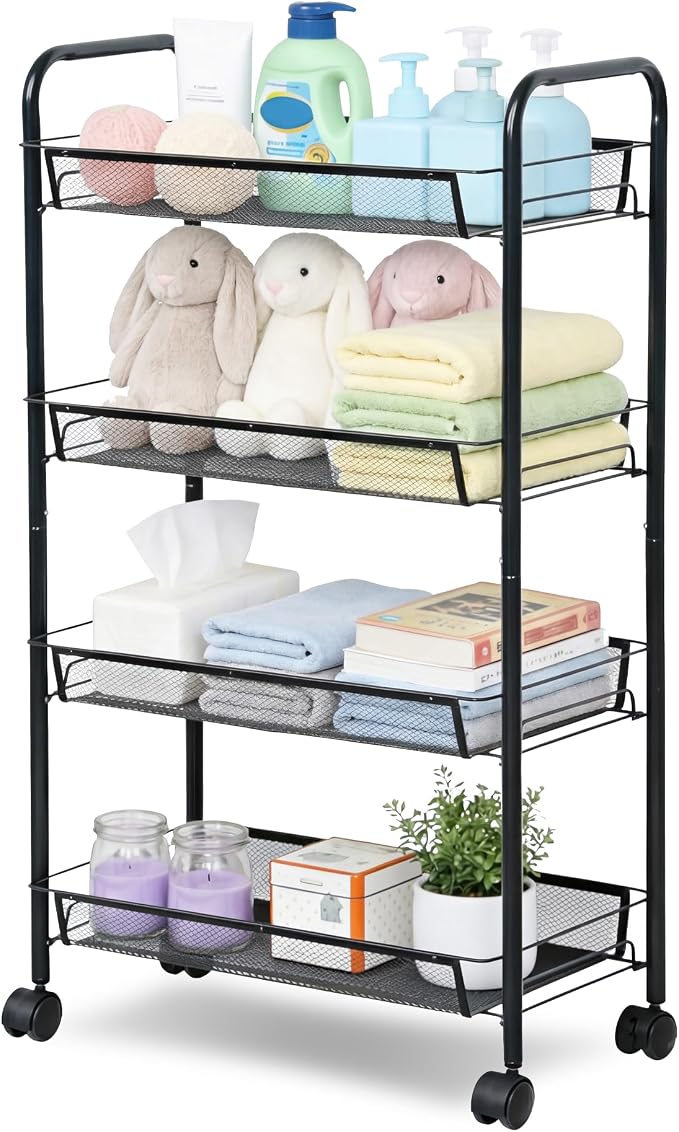 LOFTEY 4 Tier Rolling Cart, Small Metal Utility Cart with Wheels, Black | 10.2" Slim Width, Four Mesh Baskets, 15 lb Load Capacity per Basket, Tool-Free Assembly, Ideal for Bathroom & Snack Storage by LOFTEY
