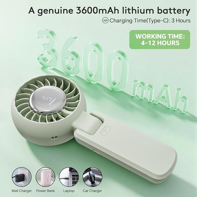 ZOZOO Portable Fan, USB Rechargeable 194°Folding Handheld Fan,5 Speed&LED Display &High Power Motor Table Fan, 3 IN 1 Quiet Strong personal Neck fans for Travel,Camping,Beach (Green) - Image 3