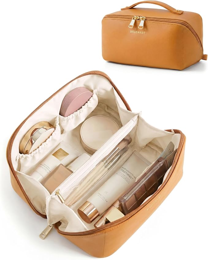 BAGSMART Makeup Bag Travel Cosmetic Bag,Women Toiletry Case, Ginger Yellow | Make Up Bag Flat Open Toiletry Bag for Women, PU Leather Travel Essentials Wide-open Skincare,Brushes Organizer Case Large by BAGSMART