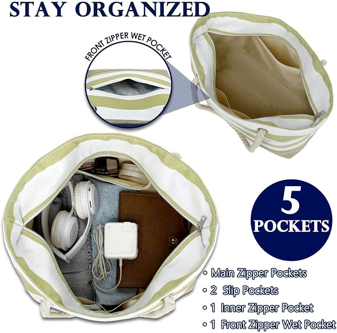 Fammart Beach Bags Waterproof Sandproof for Women, Large Canvas Pool Bag with Leakproof Wet Pocket & Zipper Cruise Essentials - Image 4