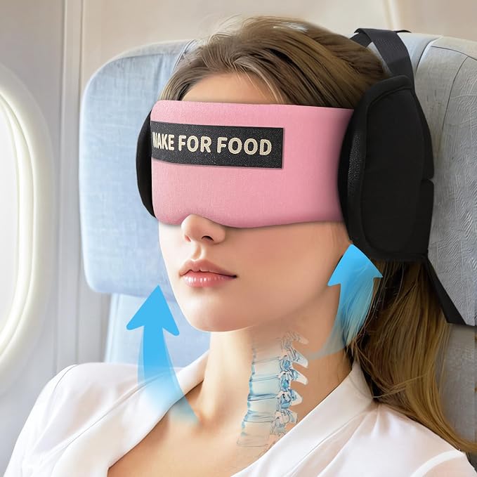 Travel Pillows for Airplanes, Airplane Pillow for Long Flights Sleeping with Eye Mask, 360° Support Plane Head Strap Travel Essentials for Air Travel Sleep Neck Upright, Stop Head Nodding(Pink) by ARLIKSI