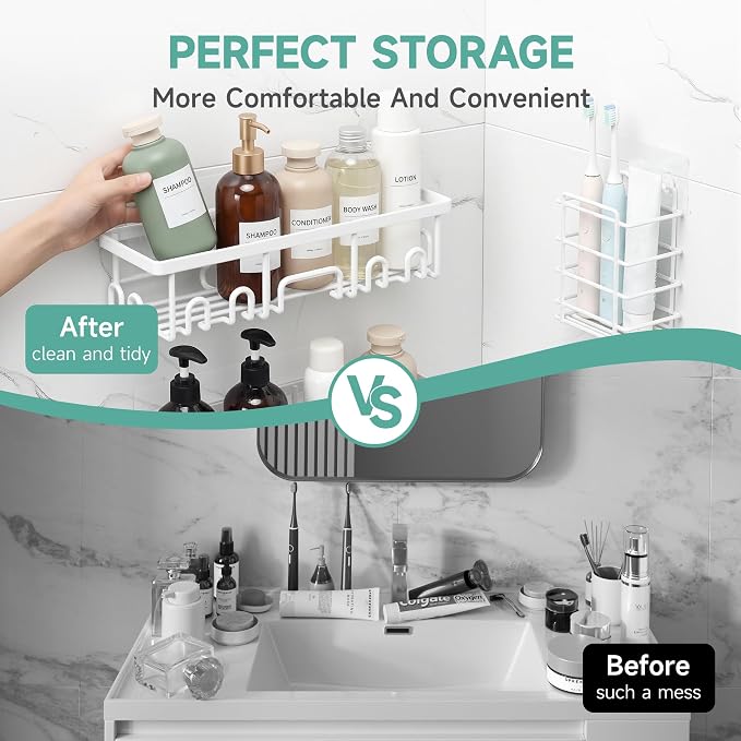Veken 6-Pack Rustproof&Waterproof Shower Caddy, Adhesive Shelves Rack with Soap Holder, Large Bathroom & Washroom Organizer, No Drilling Wall-Mounted Kitchen&Home Decor,Ideal for Bathtub Storage,White - Image 7