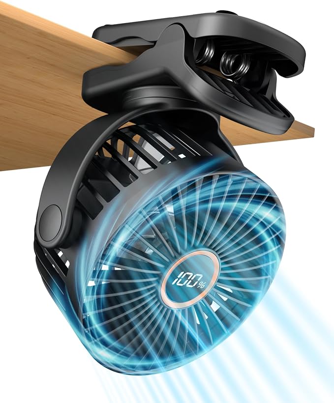 buywoo Portable Mini Personal Fan, Small Rechargeable Battery Powered Stroller Fan for Desk, Strong Clamp Grip, 360° Rotation, 3-Speed, LED Display, Clip On Cooler for Bed, Golf Cart, Office, Black by Buywoo