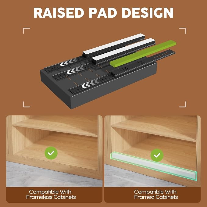 Seinloes 4 Pack Expandable Pull Out Cabinet Organizer 21" Deep with Raising Pad for Framed Cabinets,Upgrade 3 Slide Rails Slide Out Drawers,Roll Out Shelves Adhesive,Adjustable Width 9"-14.1" Black - Image 2