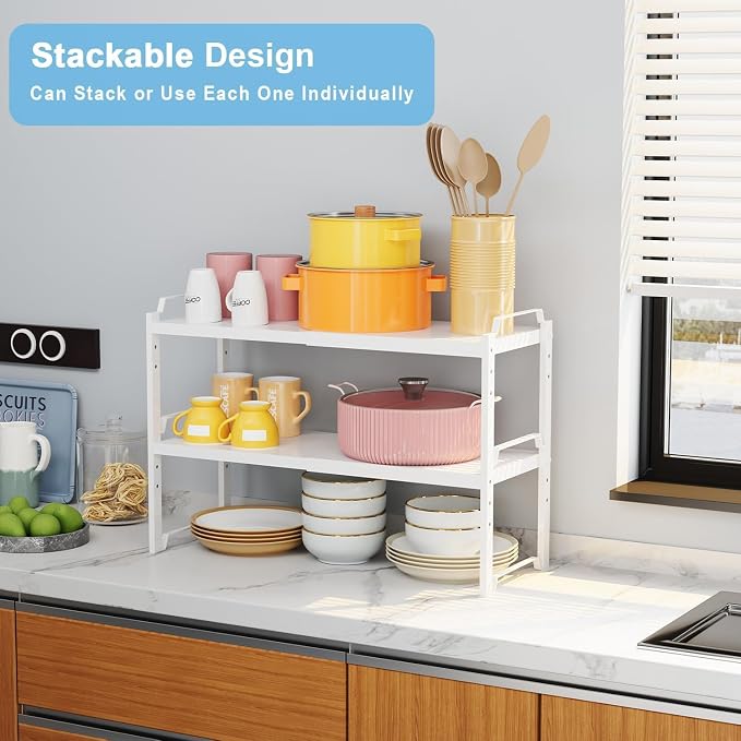 2 Pack Stackable Expandable Shelves For Kitchen Cabinet Countertop Storage, Adjustable Counter Cupboard Pantry Organizer Shelf Rack Stand, Length:25.5 Inch - Image 3