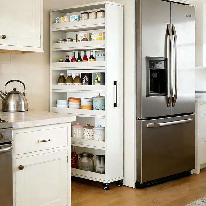 Rolling Spice Rack Next To Side Of Fridge Storage Slim Narrow Shelf Lightweight 7 Tier Wooden Storage Cart For Kitchen , Dining Room, Bathroom, Small Spaces (White, 72.4"H x 9.8"W x 21.6"D) by Unknown