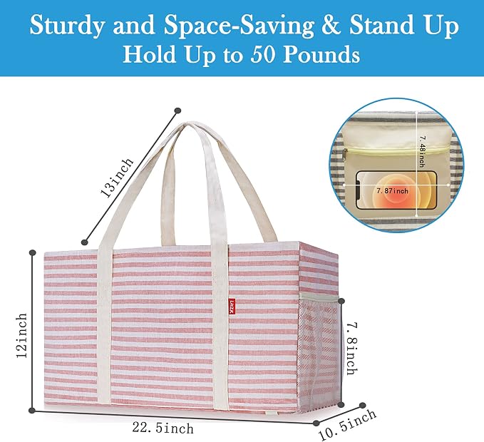 LHZK 2 Pack Extra Large Utility Tote Bag with Metal Wire Frame and the Sides Rinforced, Extra Large Tote Bag with Handle for Pool Beach Laundry Storage (Pink) - Image 7