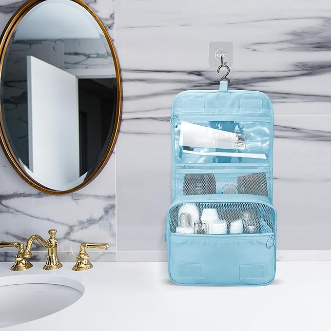 Lcsmaokin Large Capacity Toiletry Bag Travel Bag with Hanging Hook for Men and Women Waterproof Travel Cosmetic Bag Bathroom Storage Bag for Brushes Set, Full-Sized Shampoo,Accessories(Baby Blue) - Image 7