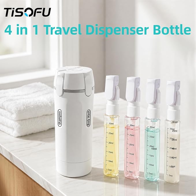 2 Pack 4 in 1 Travel Dispenser Bottles, Leakproof Rotatable Pump Refillable Containers with Labels, Portable Toiletry Bottles for Shampoo, Conditioner, Body Wash, Lotion, Cosmetics, Travel Camping - Image 4