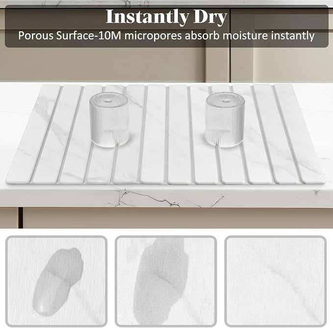 2 PCS Large Stone Dish Drying Mat for Kitchen Counter, 28"×16" Marble Dish Drying Mat with 8"x 4" Coasters, Non - Slip Collapsible Absorbent Mat for Multi - Purpose, Match Any Countertop【White】 - Image 4