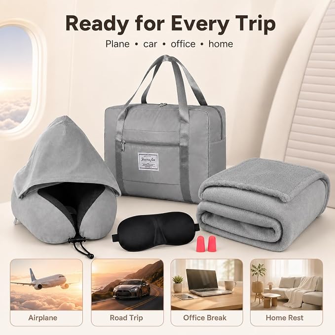 Travel Blanket and Pillow Set - Hooded Neck Pillow Airplane Essentials Grey | Memory Foam, Sleep Mask, Earplugs, Foldable Duffel Bag Soft Comfort for Long Plane Flight Traveling Car Road Trip Flying - Image 6