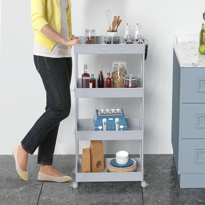 4 Tier Rolling Cart with Wheels, Storage Craft Art Trolley Organizer Serving, 3 Hanging Baskets Easy Assembly, for Office, Living Room, Kitchen - Image 3