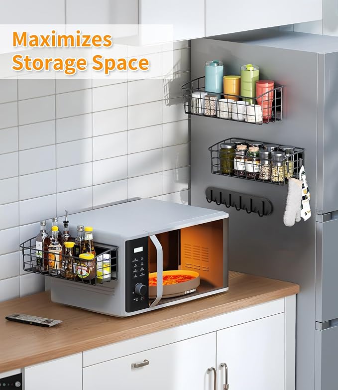 2Pack Magnetic Shelf for Refrigerator with 2 Moveable Hooks and 1 Hook Rack | Strong Magnetic Spice Rack for Kitchen Storage, Fruit Potato Onion Storage Shelves, Large Magnetic Basket Organizer - Image 4