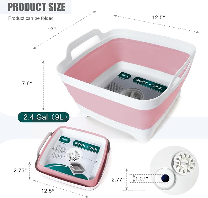 FOSJGO Collapsible Dish Basin with Drain Plug, Foldable Sink, 2.4 Gal (9L) | Space-Saving Wash Basin for Kitchen, Baby Bottles, Vegetable Washing, Camping, RV and Party Beverage Tubs - Image 2